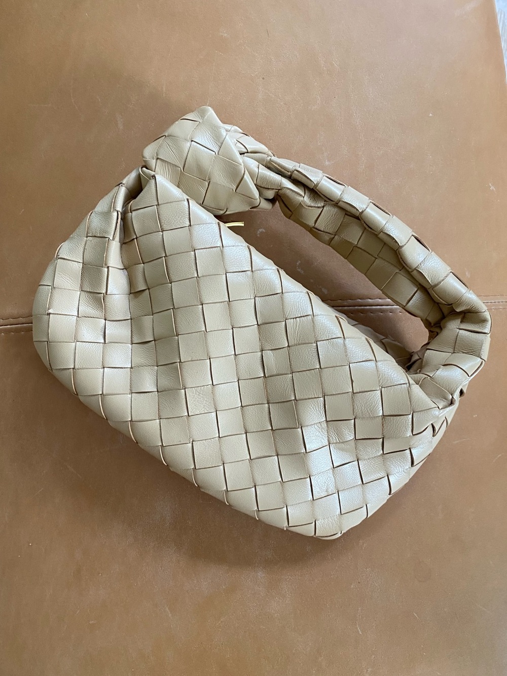 NEW Genuine Lambskin Woven Leather Knot Hobo Bag Beige
